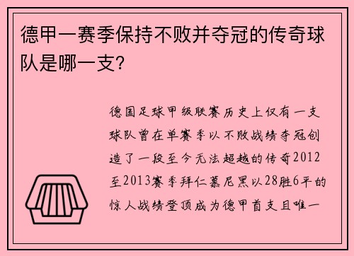 德甲一赛季保持不败并夺冠的传奇球队是哪一支？
